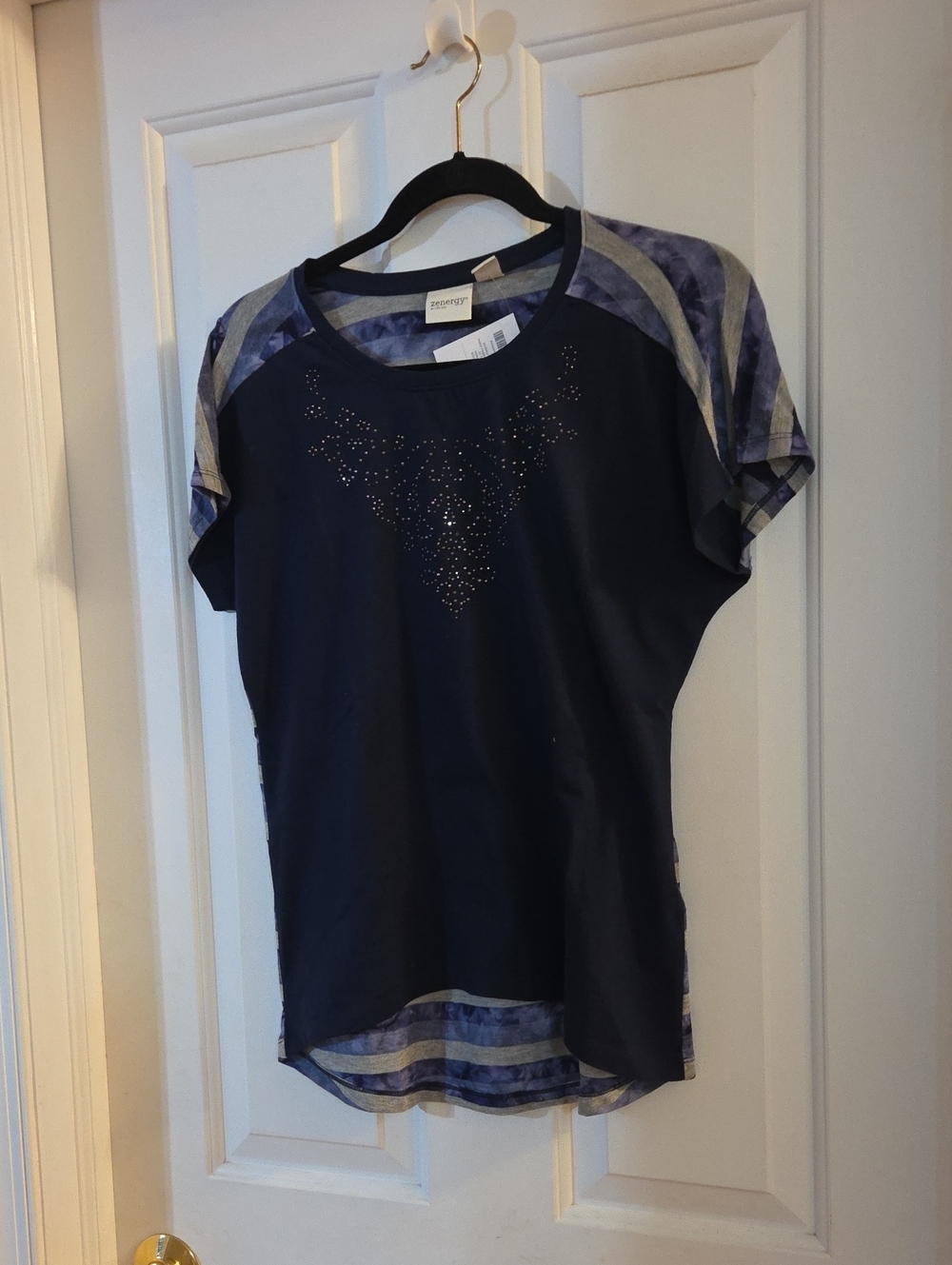 Zenergy Navy Short-Sleeve Tee, Beading And Patterned Sleeve Accents Small